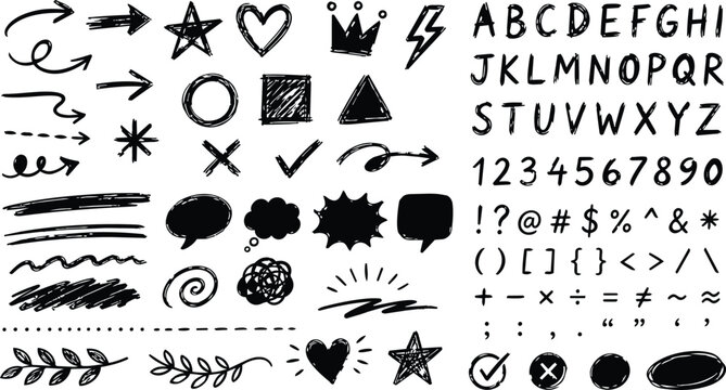 Hand drawn doodle set with alphabet numbers and shapes