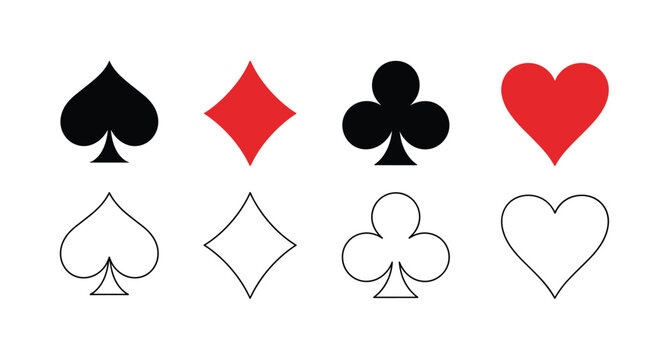 Playing Card Suits. A collection of iconic playing card symbols, including spades, diamonds, clubs, and hearts, are presented in both solid and outline forms.