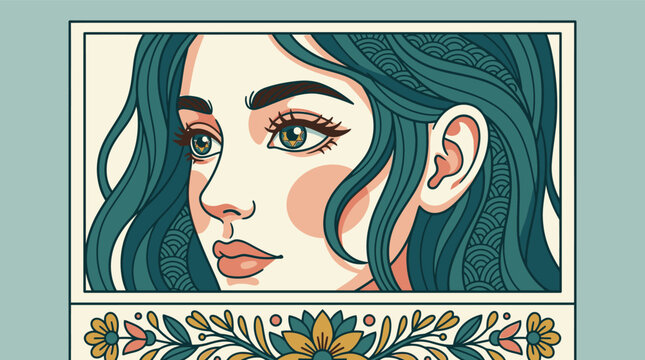 Artystyczna ilustracja przedstawiająca portret młodej kobiety z długimi turkusowymi włosami w stylu vintage z ozdobnym kwiatowym motywem w dolnej części ramki
