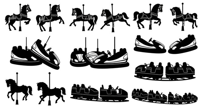 Silhouette Collection of Carnival Rides Carousel Horses and Roller Coaster Carts