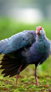 Beautiful purple swamphen standing in green grass and preening its feathers
