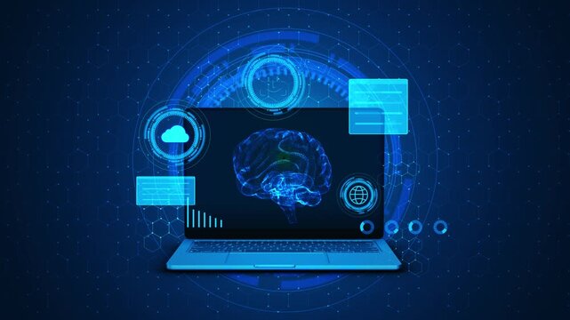 Neural technology laptop HUD visual blue brain scan, floating data panels, cloud symbol, futuristic AI interface. Perfect for e learning clips, health tech intros, research , animated overlays.