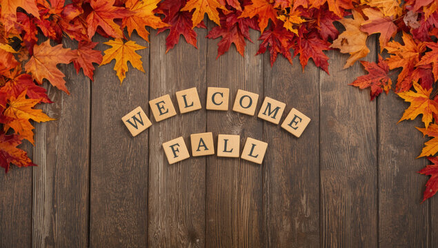 Welcome fall sign made of scrabble tiles surrounded by vibrant orange and red maple leaves on dark wooden background