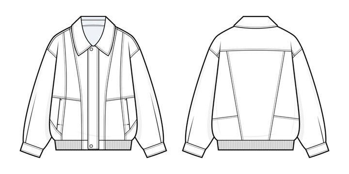 Leather Bomber Jacket Technical Fashion Illustration. Hidden Zipper Jacket with Covered Placket, Welt Pockets and rib knit waistband Vector Template. Front and Back View. Unisex Apparel. CAD Mockup.