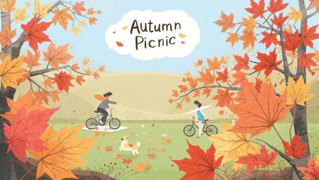 Whimsical of people riding bicycles through a park surrounded by colorful autumn maple tree leaves