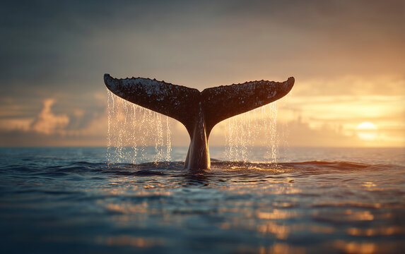 Majestic whale tail emerges from ocean water at sunset, symbolizing nature's beauty and wildlife wonder.