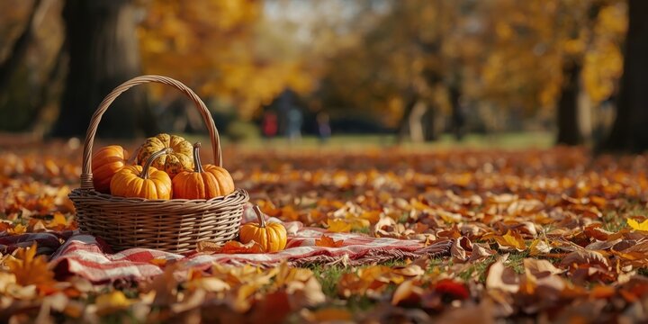 Wicker basket filled with fresh orange pumpkins sitting on a red plaid blanket amidst fallen autumn leaves in park
