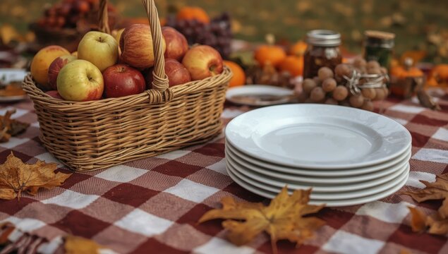 Wicker basket filled with fresh red and yellow apples next to a stack of white ceramic plates on a picnic blanket