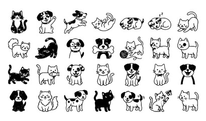 Fototapeta premium Funny Cats and Dogs Flat Linear Mascot Character Set with Cute Pet Stickers and Cartoon Animal Vector Collection