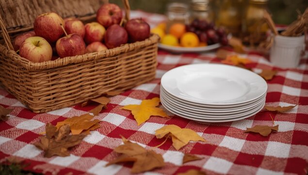 Wicker basket filled with fresh red apples on a red and white gingham picnic blanket with autumn leaves and plates