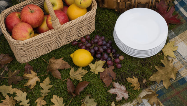Wicker basket of apples and a lemon with a stack of white plates on a mossy ground with fallen autumn leaves