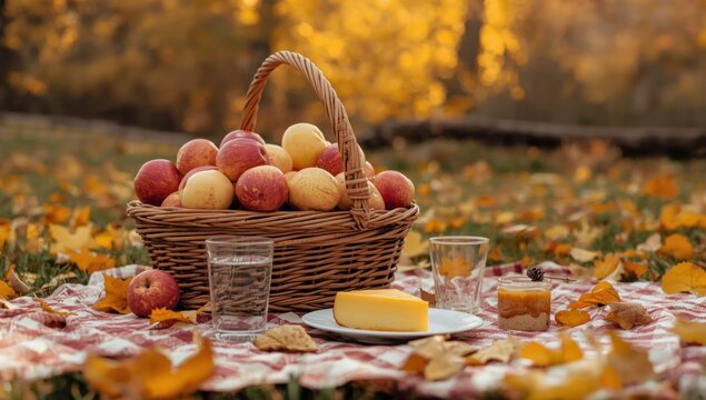 Wicker basket with fresh red apples and a slice of cheese on a red checkered blanket in an autumn forest