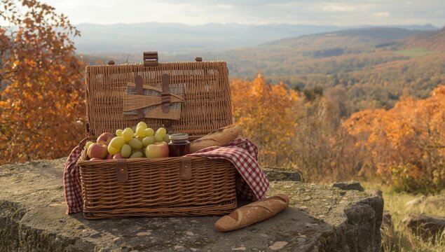 Wicker picnic basket filled with fresh fruit and bread on a stone ledge overlooking a scenic autumn valley view