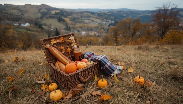 Wicker picnic basket with bread and pumpkins on dry grass hillside overlooking scenic autumn valley landscape