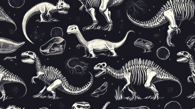 Seamless pattern of dinosaur skeletons and fossils on dark background.