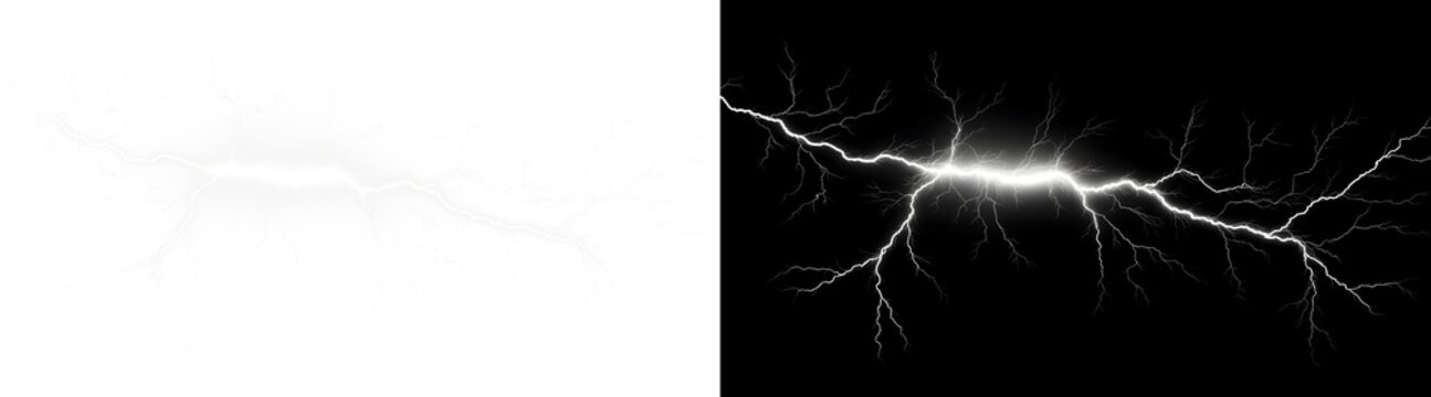 Pair Of Horizontal White Lightning Arcs With Dense Branching Glow