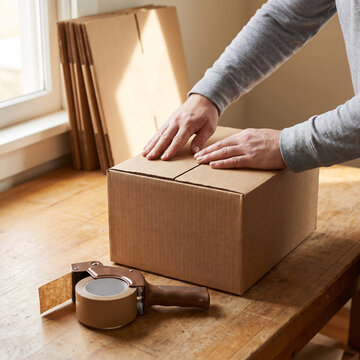 Cropped hands folding corrugated cardboard shipping box closed on packing table