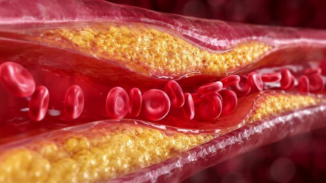 Blocked artery cholesterol plaque restricting red blood cells, tracking camera through atherosclerosis disease and cardiovascular heart risk concept, microscopic 3D animatio. vessel. fat.