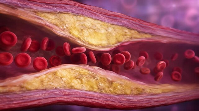 Blocked artery cholesterol plaque restricting red blood cells, tracking camera through atherosclerosis disease and cardiovascular heart risk concept, microscopic 3D animatio. vessel. fat.