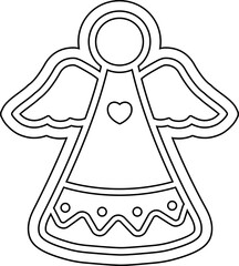 Obraz premium Christmas angel gingerbread cookie outline vector illustration. Cute angel cookie cutter line art isolated. Holiday angel ornament coloring page icon for kids.