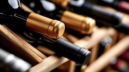 Obraz premium Dark glass wine bottles with gold and black foil seals resting on a natural wooden rack, representing sophisticated storage and a valuable collection in a professional cellar environment