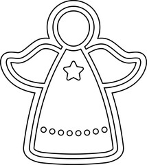 Obraz premium Christmas angel gingerbread cookie outline vector illustration. Cute angel cookie cutter line art isolated. Holiday angel ornament coloring page icon for kids.