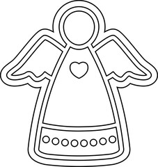 Obraz premium Christmas angel gingerbread cookie outline vector illustration. Cute angel cookie cutter line art isolated. Holiday angel ornament coloring page icon for kids.