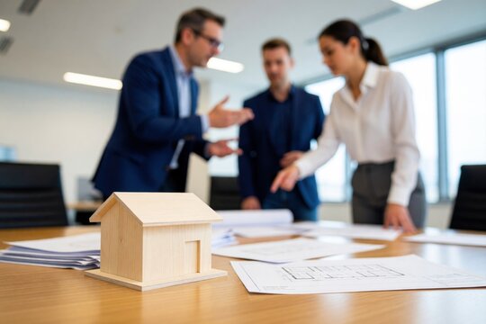 Architects and real estate professionals discuss plans with a small wooden house model on a table.