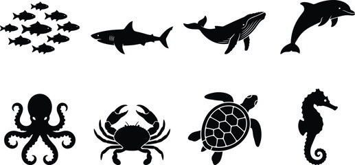 Sea life and marine animals vector silhouettes set featuring school of fish shark whale dolphin octopus crab sea turtle and seahorse © Mst Shamima