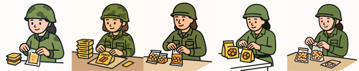 Obraz premium Set of vector illustrations of a female soldier wrapping snacks.