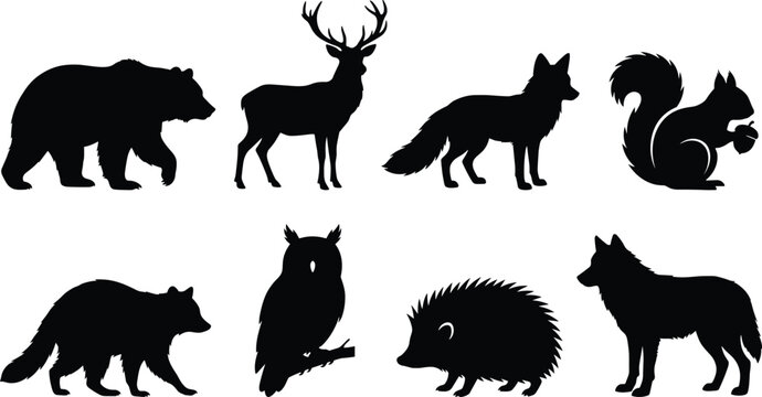 Forest animals and woodland wildlife vector silhouettes set featuring grizzly bear deer with antlers red fox squirrel raccoon perched owl hedgehog and wolf