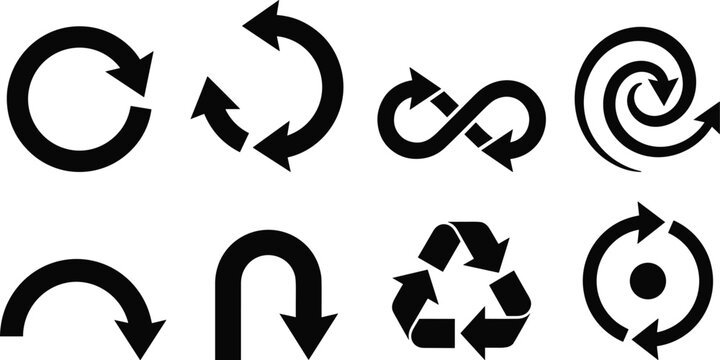 Set of black circular arrow silhouettes including refresh, loop, infinity, spiral, arc, u-turn, and recycle icons isolated