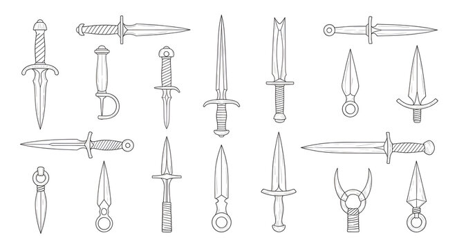 Line Art Illustration of Rogue Daggers, Kunai, and Throwing Knives Grid Set
