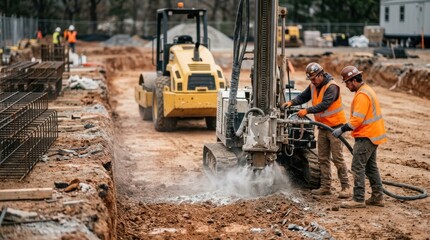 Obraz premium Construction crew operating a soil-cement mixing rig beside excavated ground with compactor, rebar cages, and binder mist
