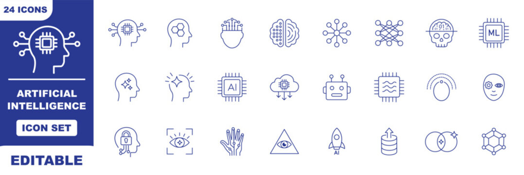 Generative AI line icon set featuring artificial intelligence, machine learning, chatbot, neural network, creativity, robot, and automation. Professional editable vector. Generative AI line icon set