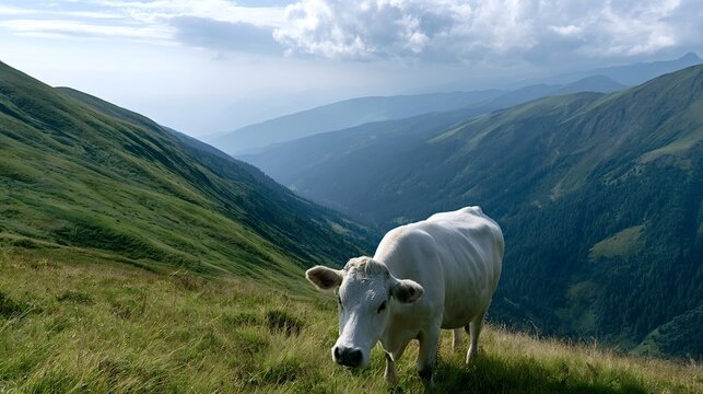 White cow standing on a lush green slope of a high mountain pasture, looking towards the viewer with a deep valley and layered peaks visible in the background under a cloudy sky