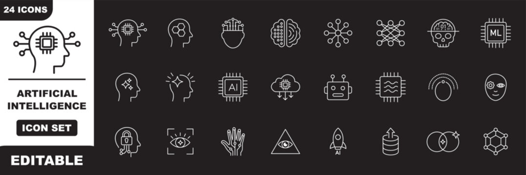 Generative AI vector line icon set. Featuring machine learning model, artificial intelligence robot chatbot and smart code. Large Language Models, AI Agents, RAG, MCP, Prompt Engineerin, Generative AI