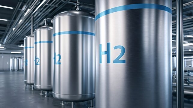 Hydrogen h2 storage tanks lining an industrial facility, representing clean energy production, sustainable technology, and the future of green energy solutions