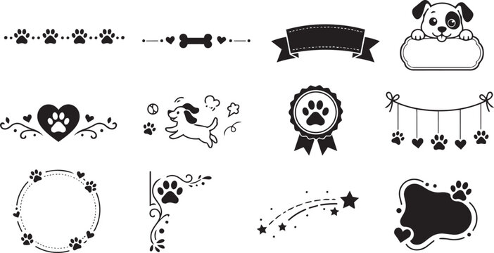 Dog themed vector graphic elements with paw prints and puppies