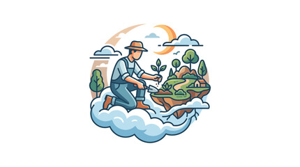 Naklejka premium Retro-Modern Cloud Gardener Cultivating Floating Islands