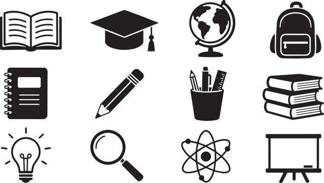 Education and School Supplies Icon Set on White Background