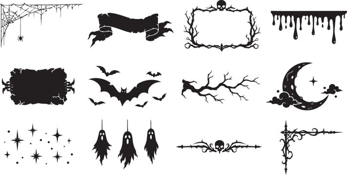 Halloween black silhouette icon set with spooky festive elements