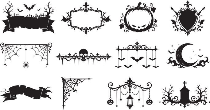 Halloween decorative design elements collection with spooky gothic silhouettes