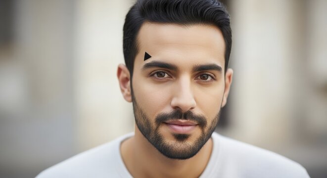 portrait of confident bearded man with dark hair in casual white shirt
