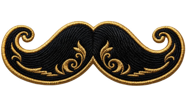 Black and gold mustache embroidery patch isolated on transparent background
