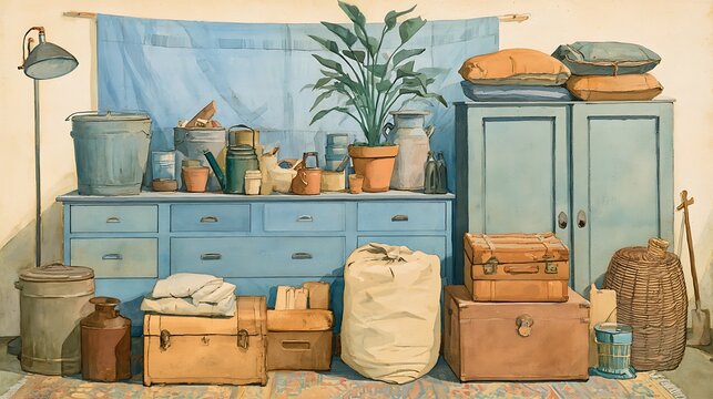 Vintage furniture with household clutter and storage boxes. Concept for home organization and attic storage solutions.