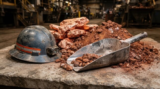 Copper cathodes, iron ore pellets, a steel scoop, and a miner's hard hat on a concrete slab symbolizing mineral production.