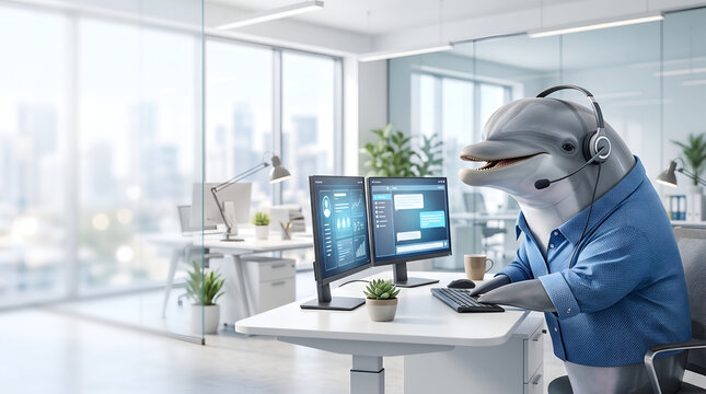 Dolphin customer support agent at computer in bright office