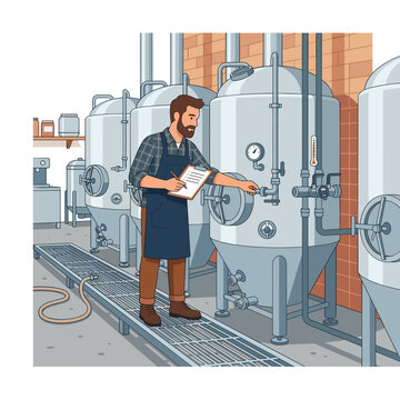 Brewer checking equipment in a brewery with large fermentation tanks