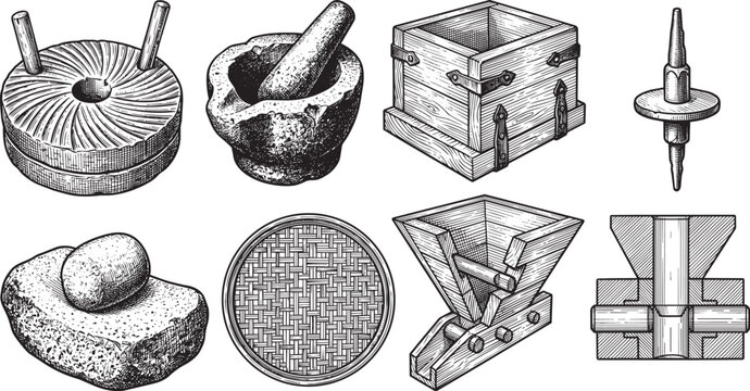 Antique Grain Grinding Tools Hand Mill Quern and Mortar Pestle Engraving Set
